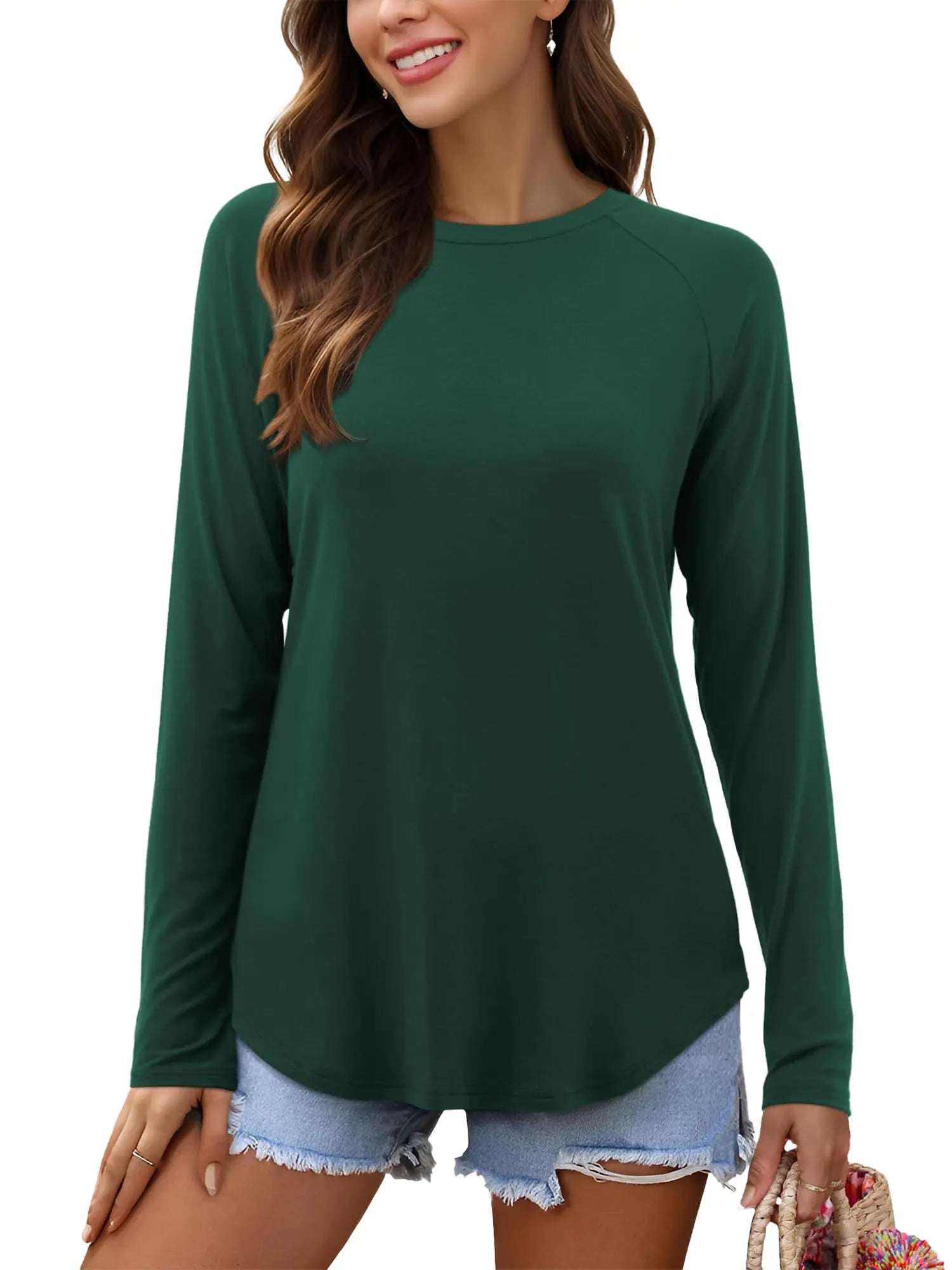 Florboom Womens Crew Neck Long Sleeve Tops Curved Hem Tshirts Casual Tunics Dark Green M