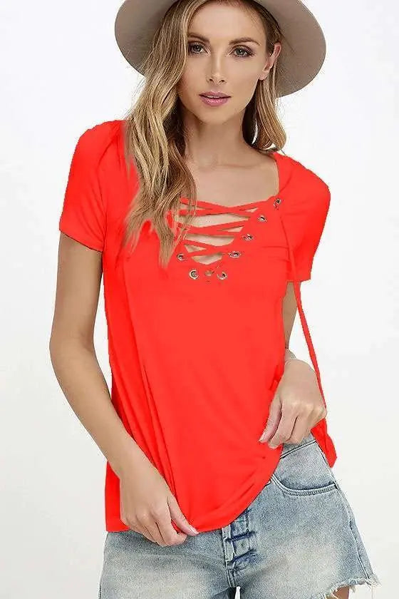 Sexy V-Neck Solid Color Tie T-Shirt Top
