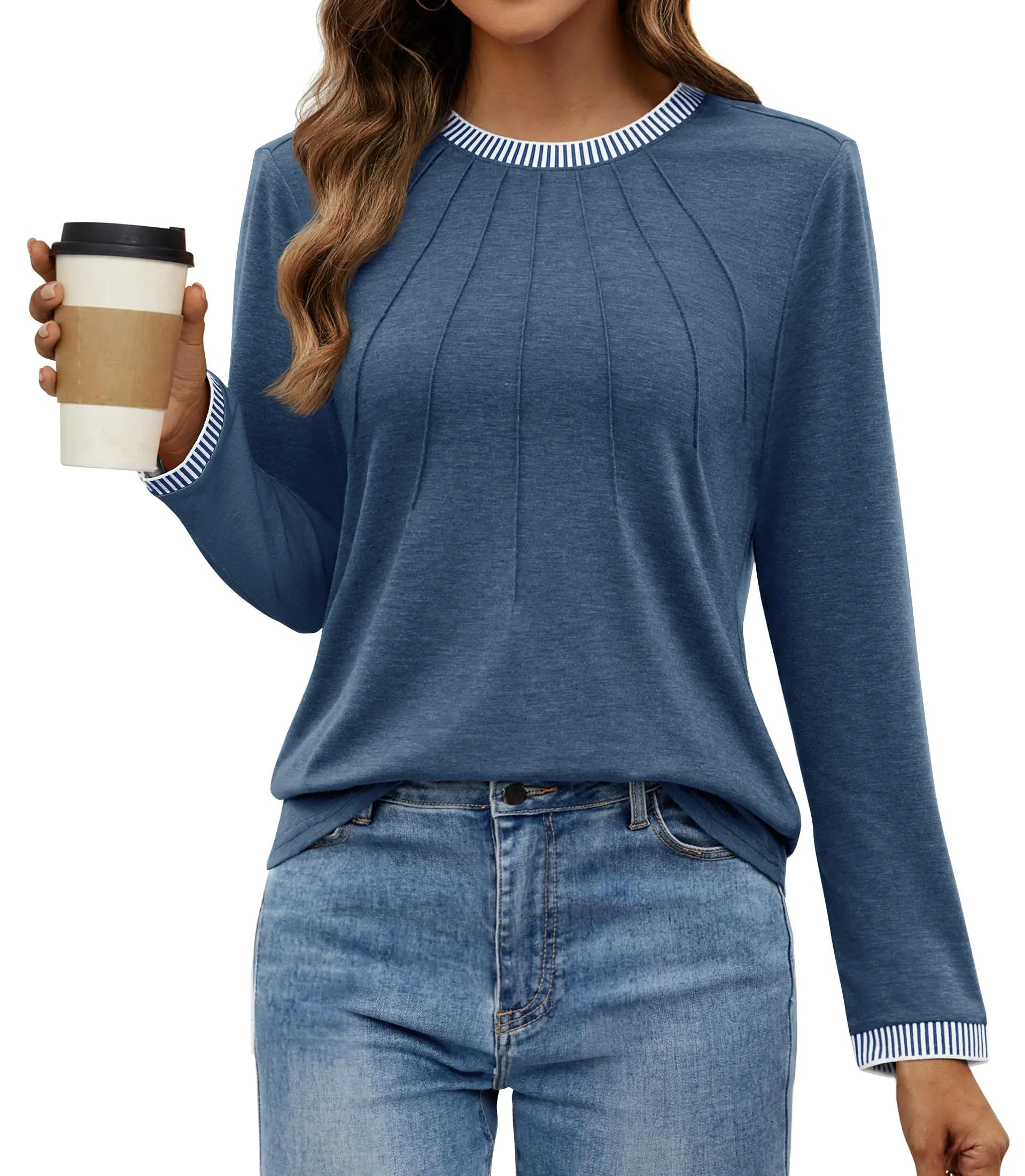 ZESICA Long Sleeve Shirts for Women Striped Color Block Crewneck Tshirts Fall Pleated Trendy Tops Dusty Blue L