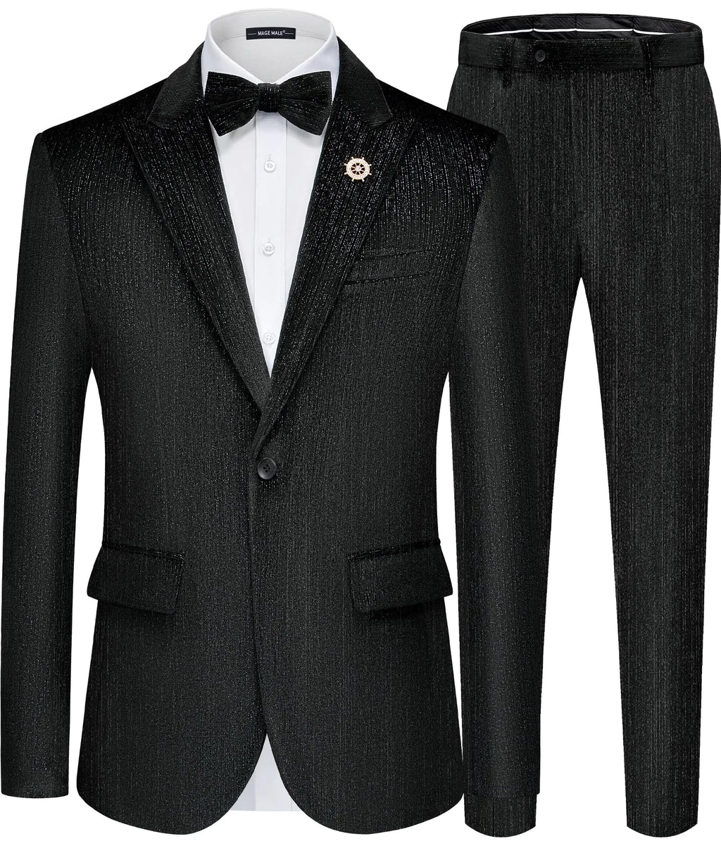 MAGE MALE Mens Suits Velvet Tuxedo Suit Set Slim Fit 2 Piece Luxurious Party Dinner Jacket Pants with Bow Tie Black