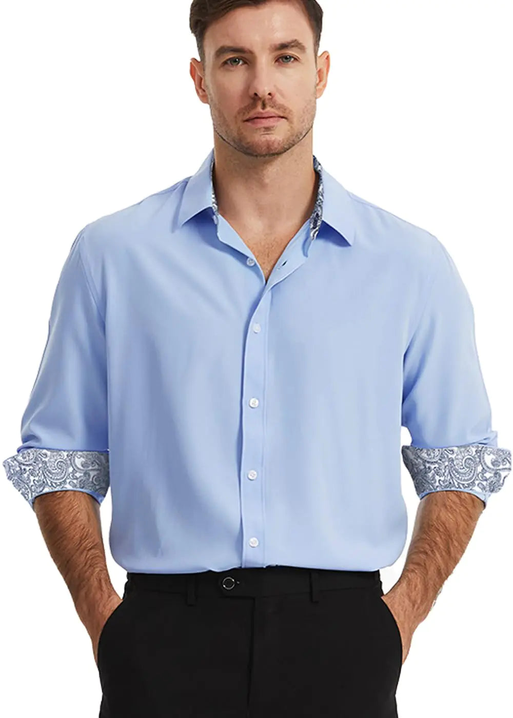 Demofair Mens Dress Shirts Long Sleeve Wrinkle-Free Button Down Shirt Men Inner Contrast Stretch Formal Shirts (Light BlueLarge)