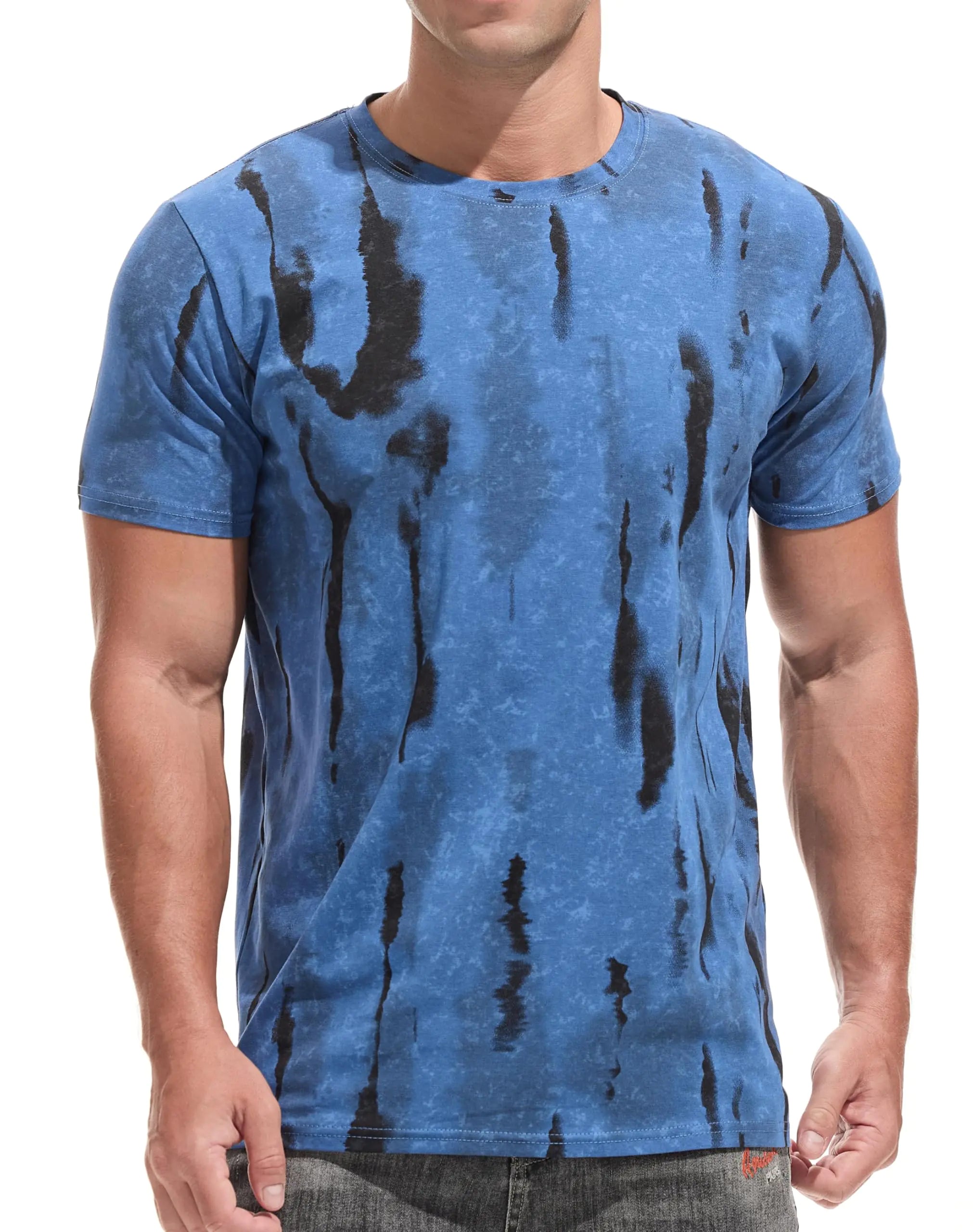 JEEGAL Mens Lightweight Crew Neck T Shirt - Fitted Elastic Tees Ultra Soft Print Tshirts Blue XXL