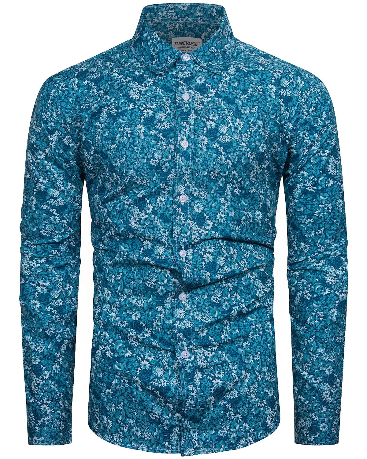 TUNEVUSE Mens Long Sleeve Floral Dress Shirt Flower Pattern Print Button Down Shirts Cotton Blue 3X-Large