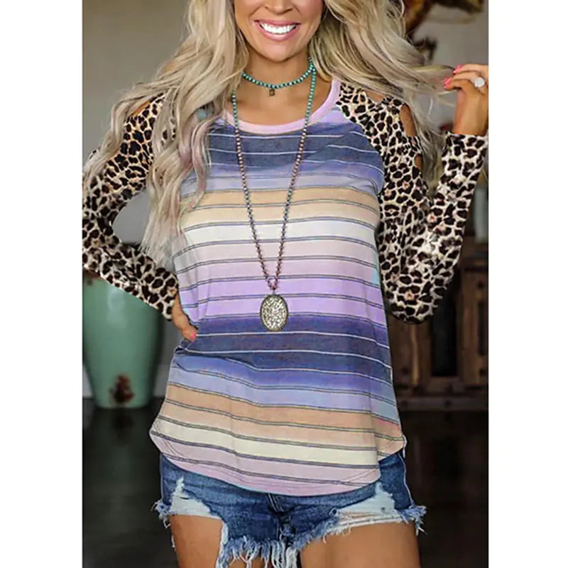 2020 Women's Leopard Print Gradient Cold Shoulder Top