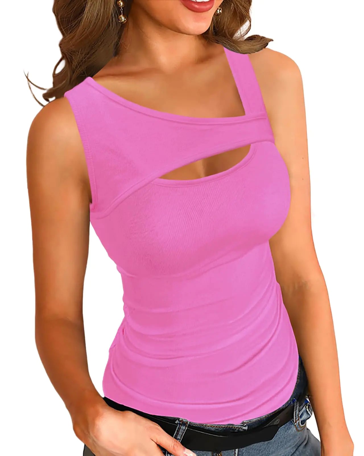 BS Sexy Tank Top for Women Sexy One Piece Cutout Tops Sleeveless Ribbed Slim Fitted Shirts Tee Tshirts(Medium，Pink)