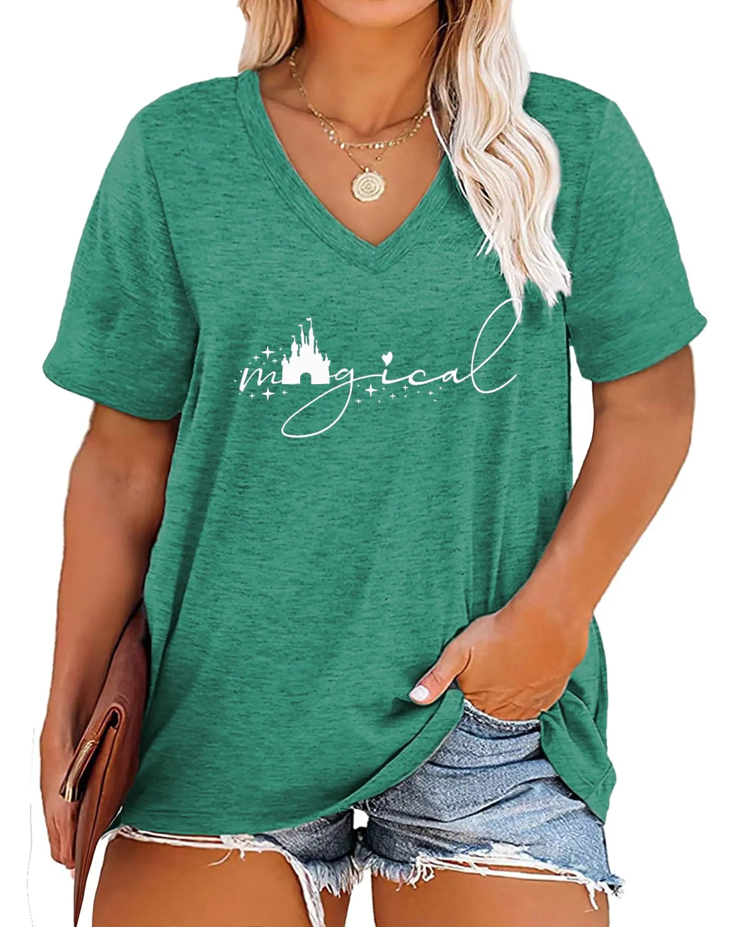 Plus Size Magical Shirts Women Magic Castle V Neck T Shirts Short Sleeve Tshirts Summer Tops 5X Coral Green