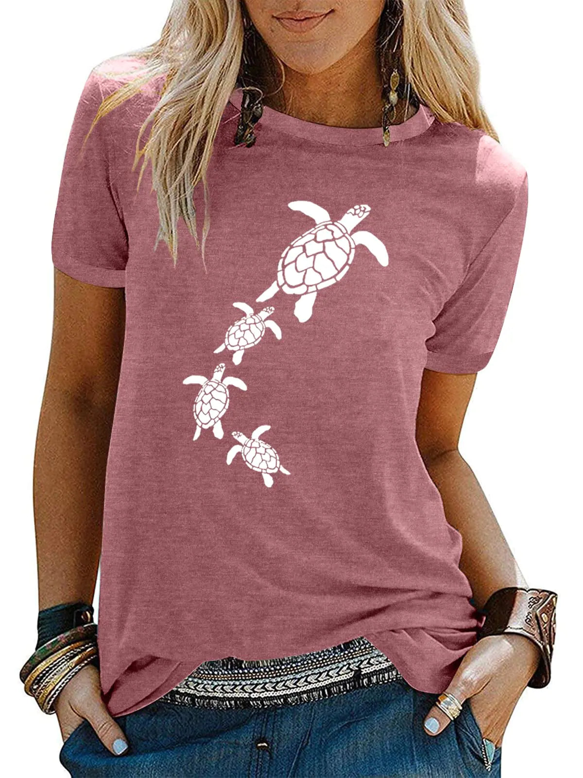 Graphic Tshirts for Women Vintage Sea Turtle Tees Trendy Novelty Short Sleeve T Shirts D-Pink