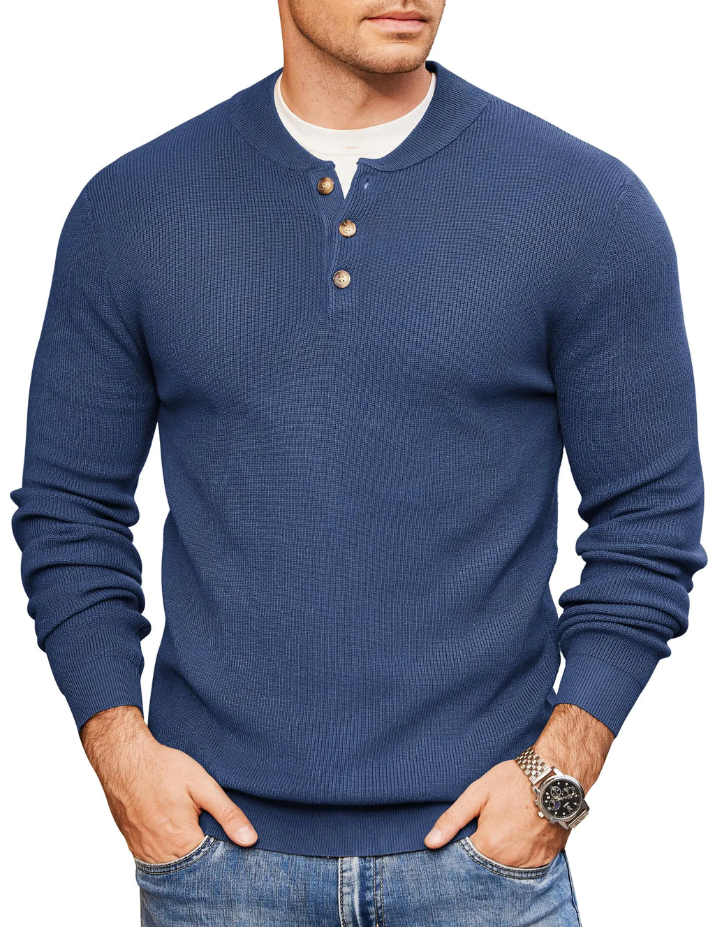 COOFANDY Mens Henley Sweater Pullover Lightweight Fitted Long Sleeve Dress Sweater Casual Winter Sweat Shirts Blue