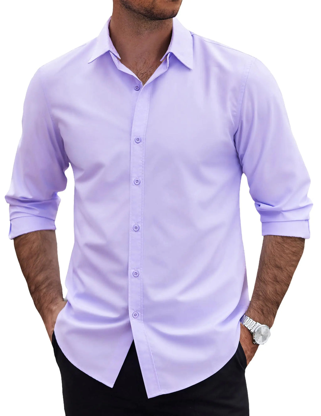 COOFANDY Mens Dress Shirts Long Sleeve Wrinkle Free Soft Classic Fit Button Down Formal Business Shirts Party Wedding Light Purple Lilac Large