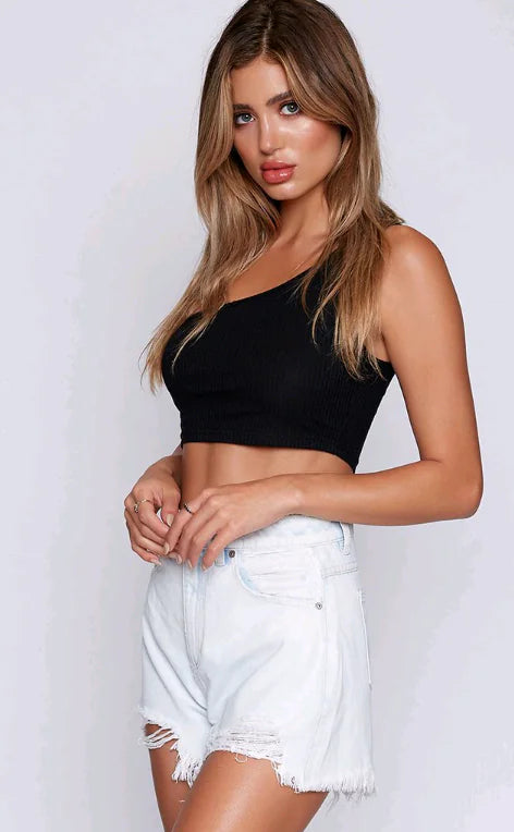 Solid Color One-Shoulder Strap Crop Top