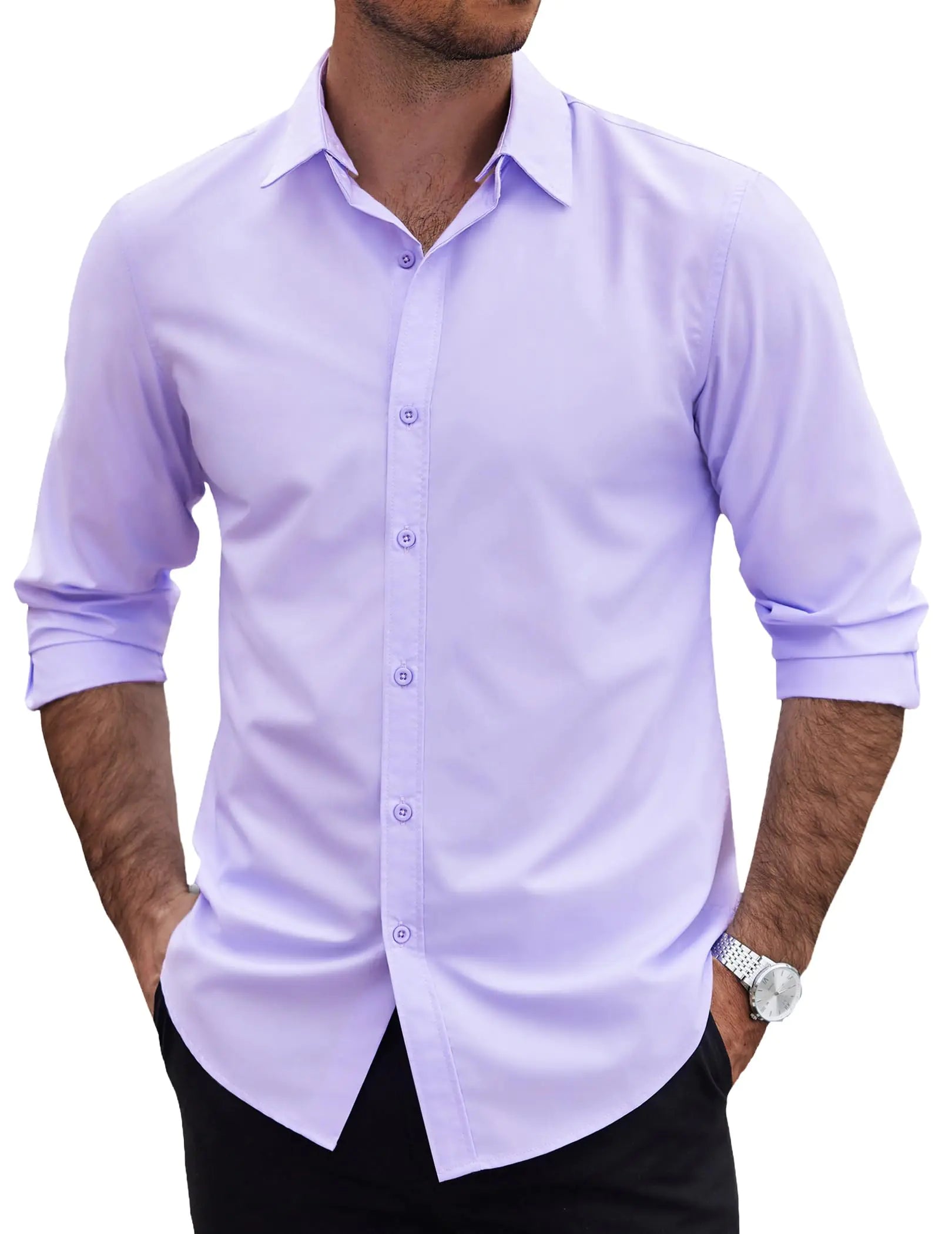 COOFANDY Mens Dress Shirts Long Sleeve Wrinkle Free Soft Classic Fit Button Down Formal Business Shirts Party Wedding Light Purple Lilac Large
