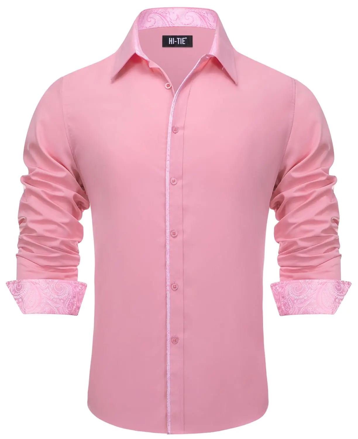 Hi-Tie Men Inner Collar Contrast Shirt Paisley Long Sleeve Mens Dress Shirts Button Down Shirts for Business Tuxedo WeddingPink PatchworkX-Large
