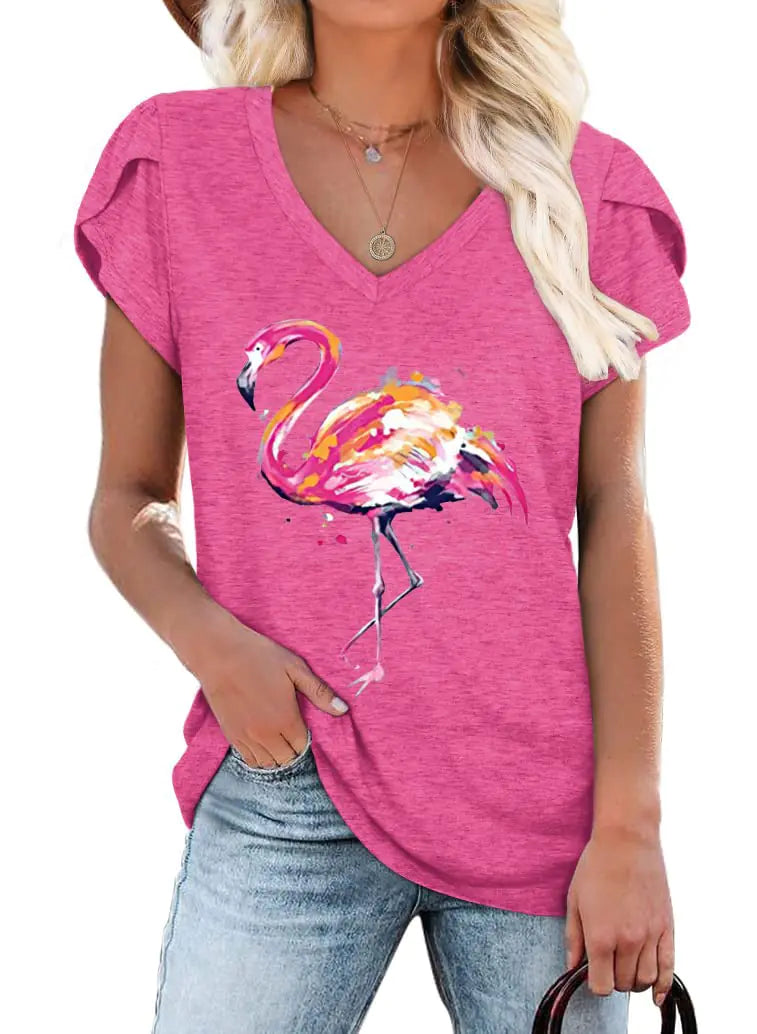 IHAOIZ Womens Flamingo Print Tops Summer Sexy V Neck Petal Sleeve Casual Tee Tshirts S-3XL(Red3XL)