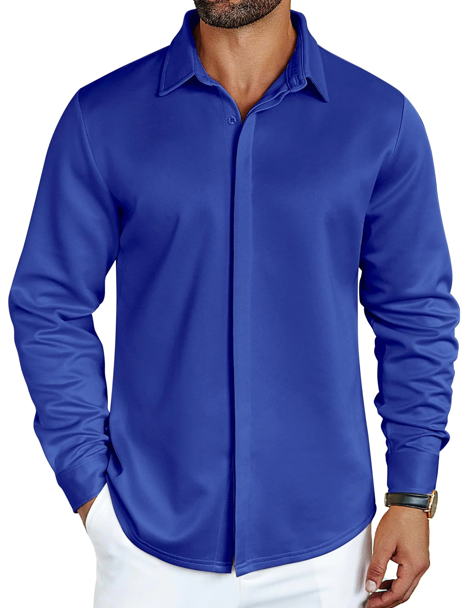 COOFANDY Mens Long Sleeve Wrinkle Free Dress Shirts Stretch Casual Button Up Shirt Sapphire Blue