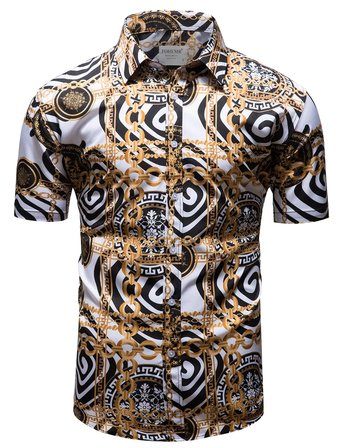 fohemr Mens Black Gold Dress Shirts Luxury Short Sleeve Chain Print Shirt Baroque Casual Button Down Design Buchona Shirts White X-Large
