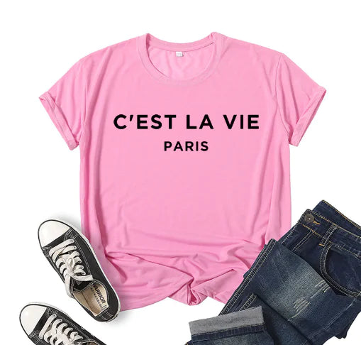 C'EST LA VIE PARIS Short Sleeve T-Shirt with Letters